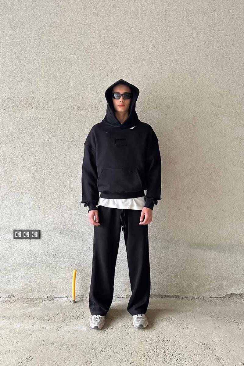 Çift Dikiş Detaylı Siyah (Şardonsuz) Baggy Eşofman - 4