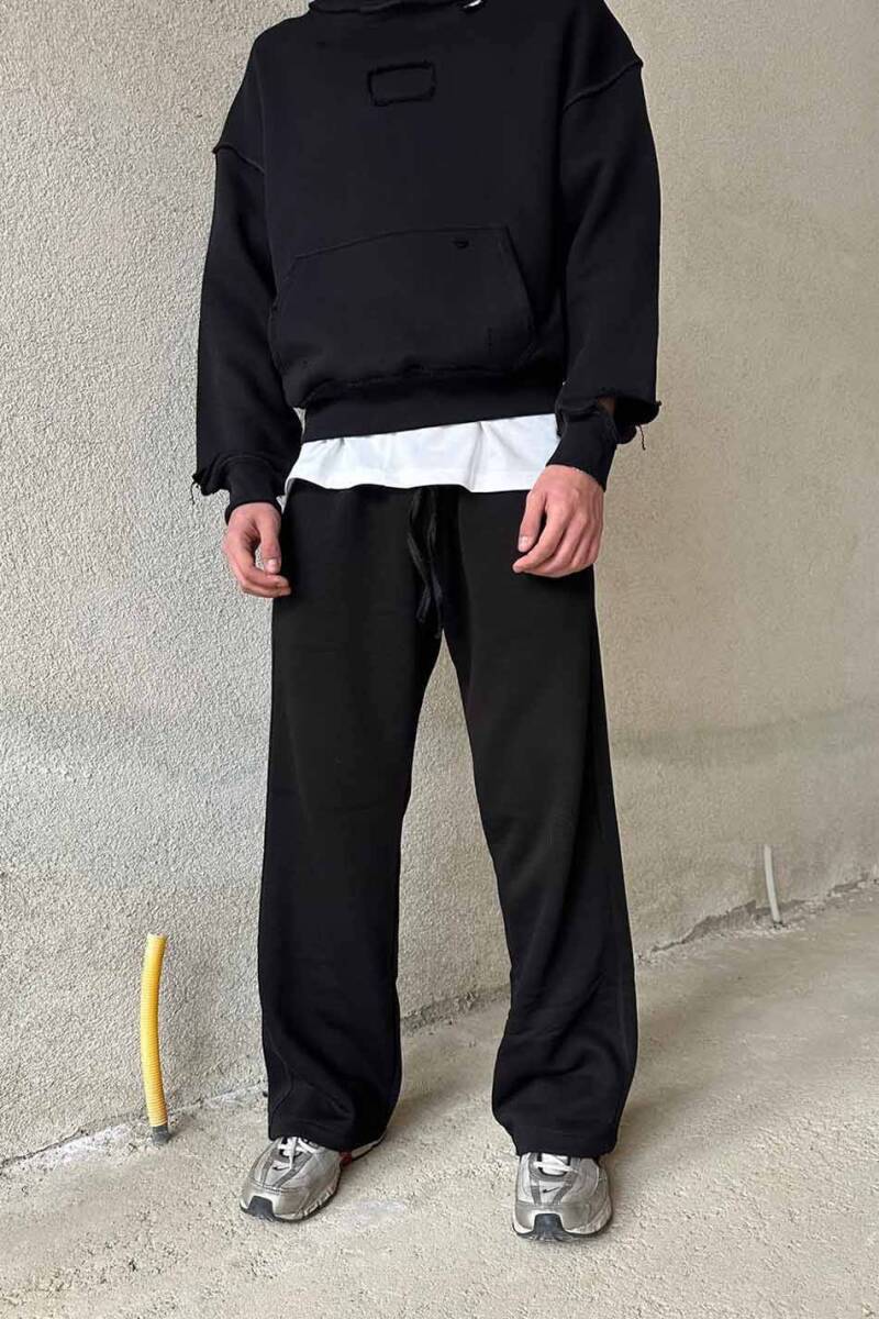 Çift Dikiş Detaylı Siyah (Şardonsuz) Baggy Eşofman - 1