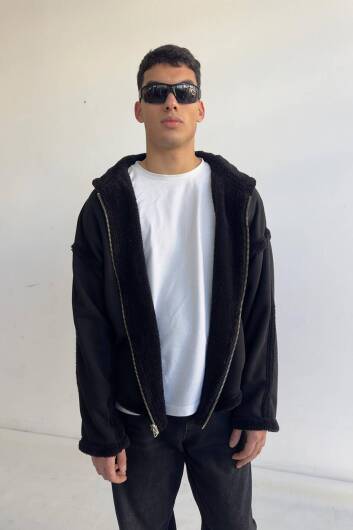Çift Taraflı Siyah Polar Zip Hoodie - 1