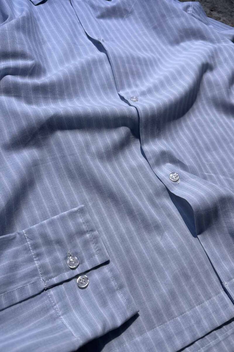 Çizgili Buz Mavi Oversize Gömlek - 3