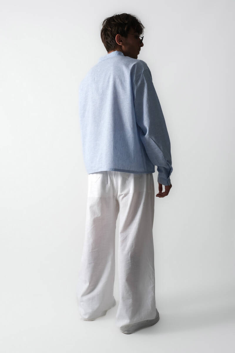 Çizgili Mavi Essential Boxy Fit Crop Gömlek - 5