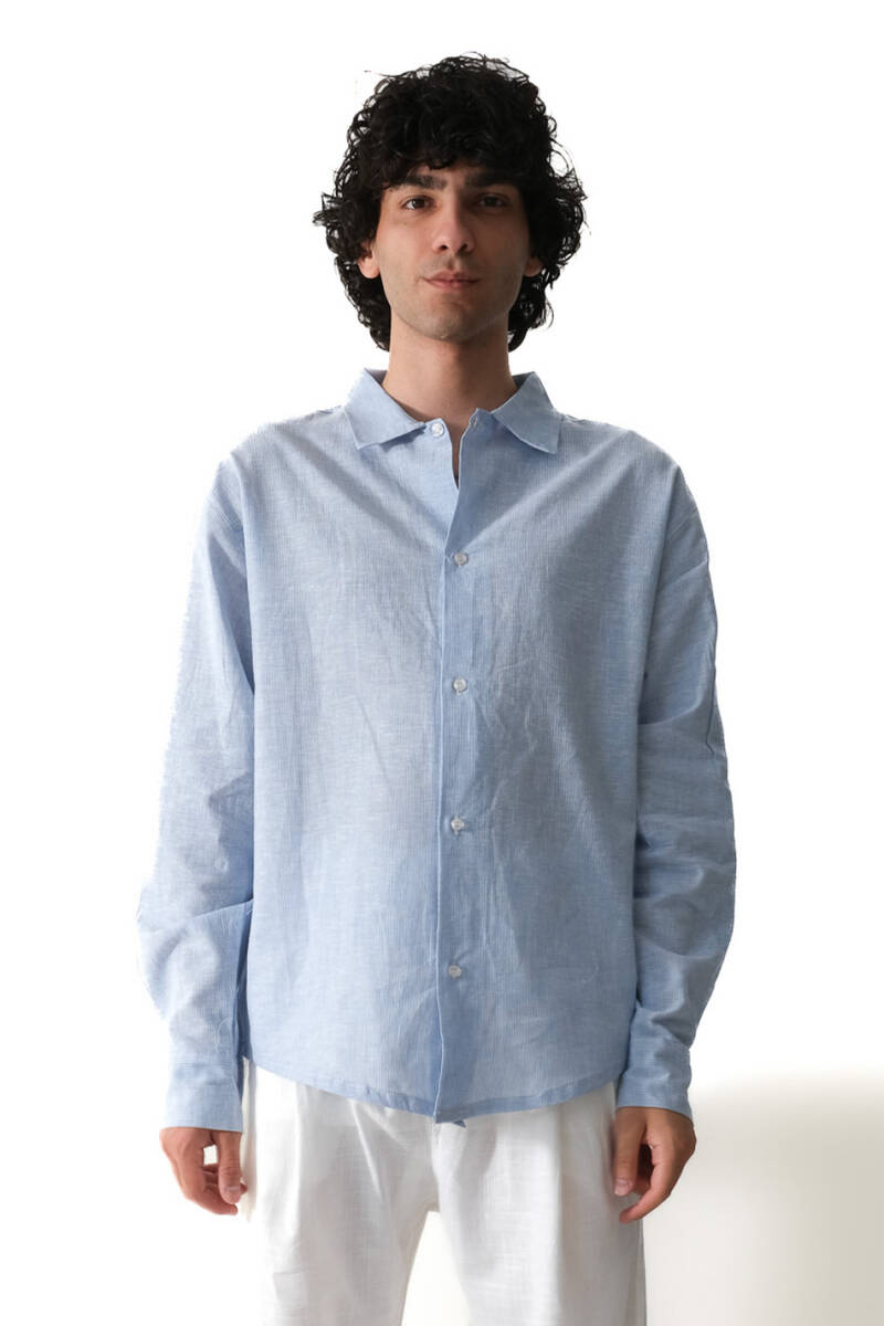 Çizgili Mavi Essential Oversize Gömlek - 1