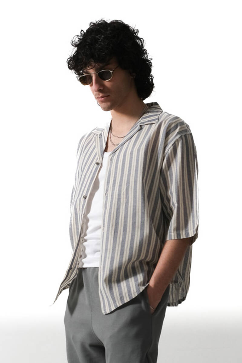 Çizgili Yarım Kol Keten Essential Oversize Gömlek - 4