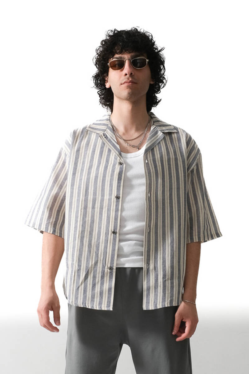 Çizgili Yarım Kol Keten Essential Oversize Gömlek - 1