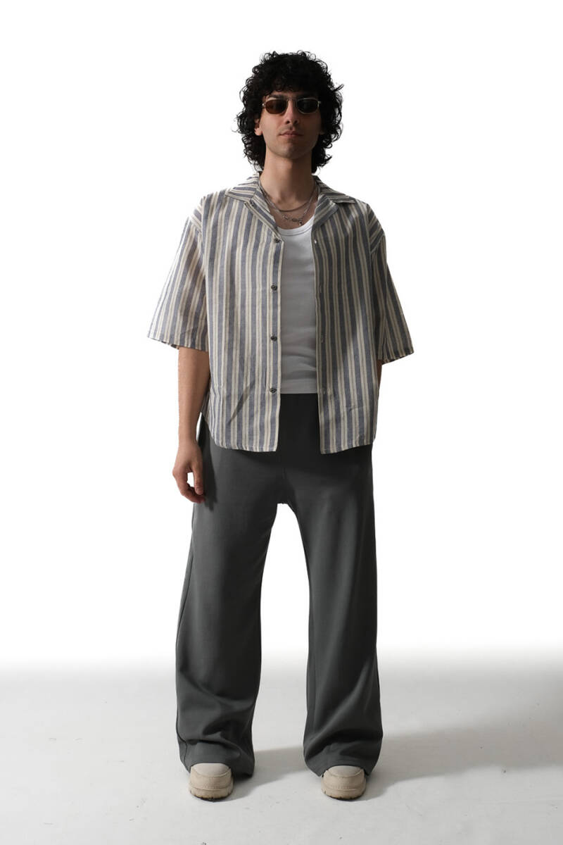 Çizgili Yarım Kol Keten Essential Oversize Gömlek - 3