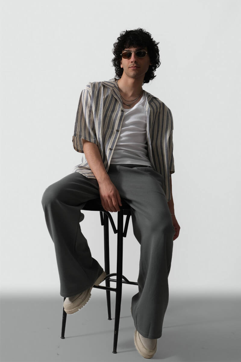 Çizgili Yarım Kol Keten Essential Oversize Gömlek - 2