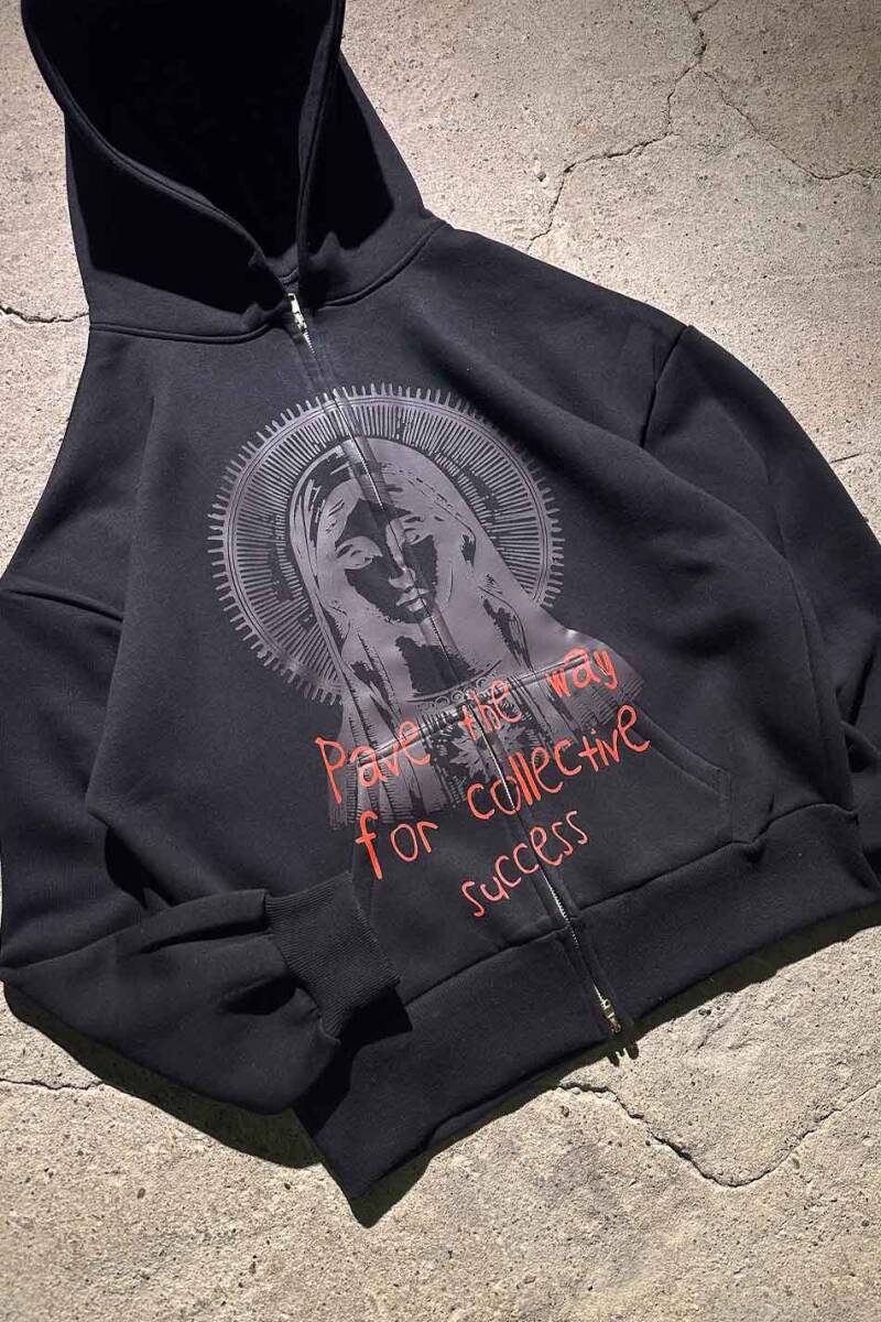 Collective Success Siyah Oversize Boxy Fit Zip Hoodie - 2