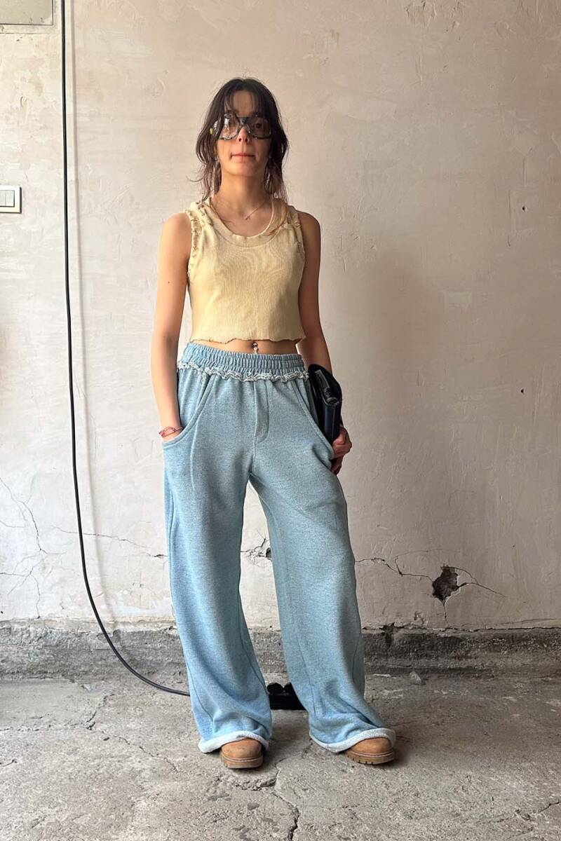 Denim Desenli Pis Dikiş Detaylı Baggy Eşofman - 4