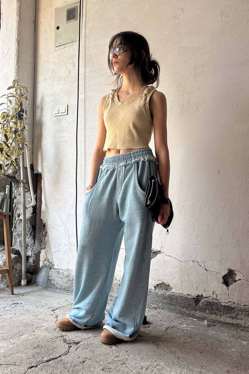 Denim Desenli Pis Dikiş Detaylı Baggy Eşofman - 5