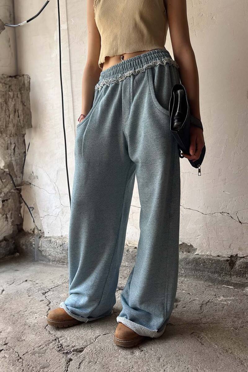 Denim Desenli Pis Dikiş Detaylı Baggy Eşofman - 3