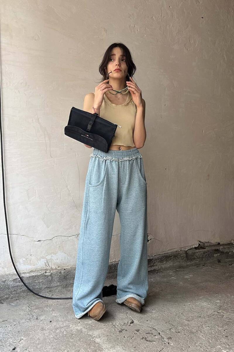 Denim Desenli Pis Dikiş Detaylı Baggy Eşofman - 6