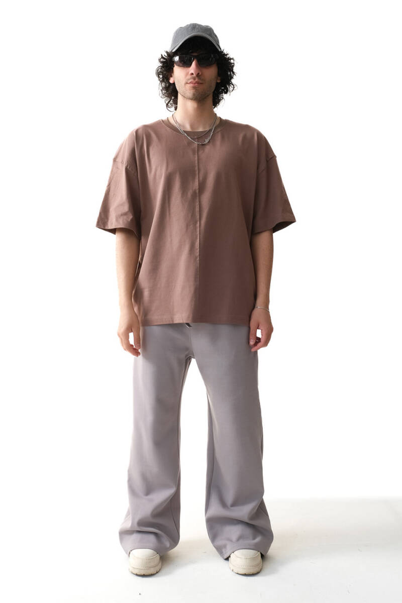 Dikiş Detaylı Kahverengi Basic Oversize Tişört - 2