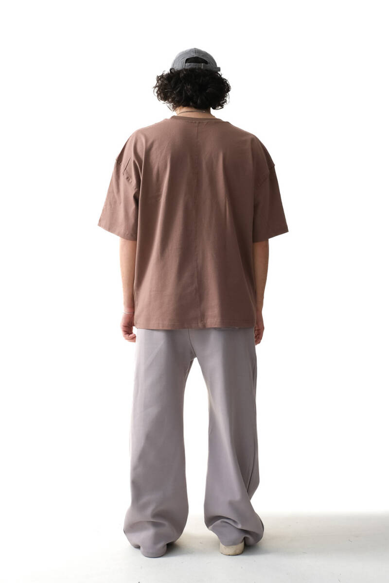 Dikiş Detaylı Kahverengi Basic Oversize Tişört - 3