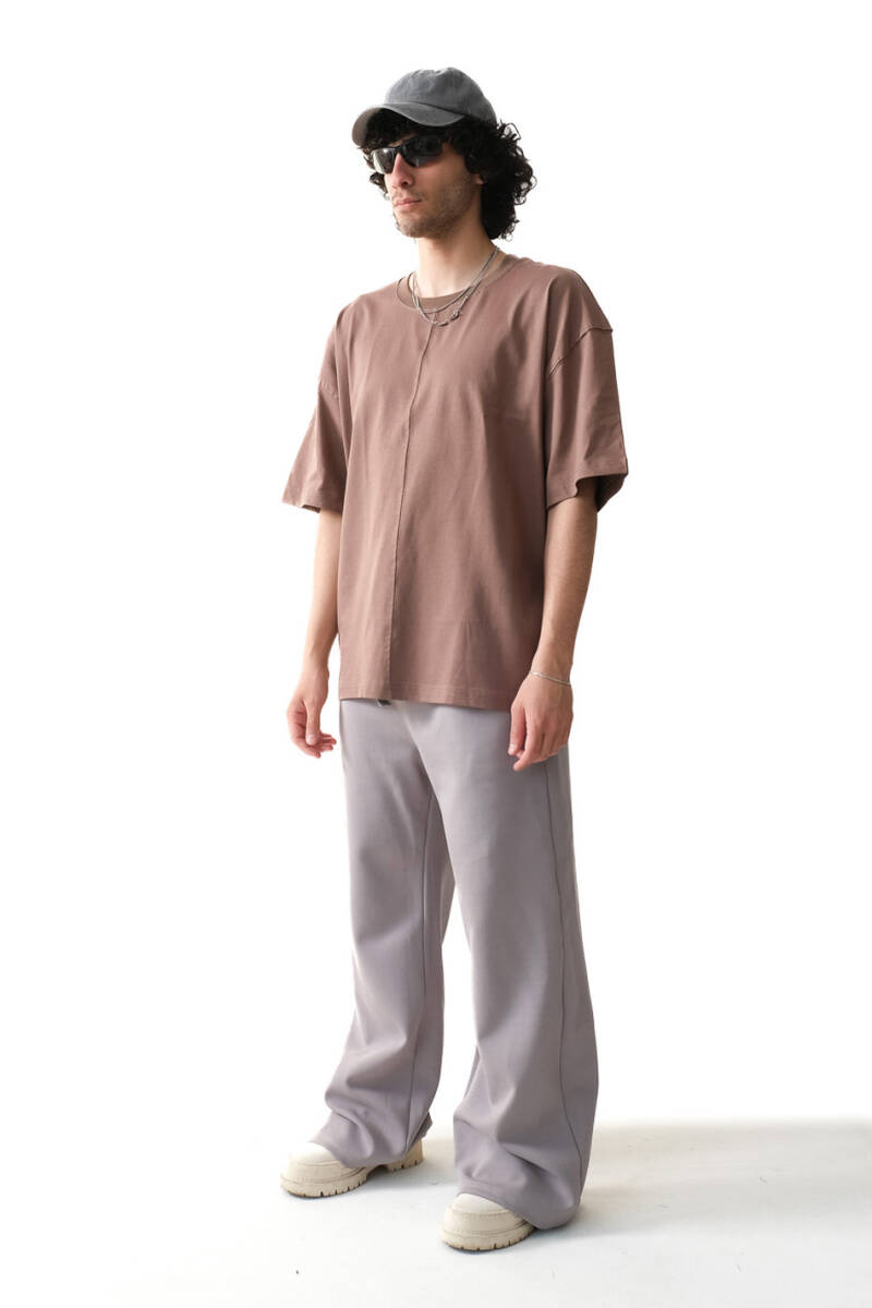 Dikiş Detaylı Kahverengi Basic Oversize Tişört - 4
