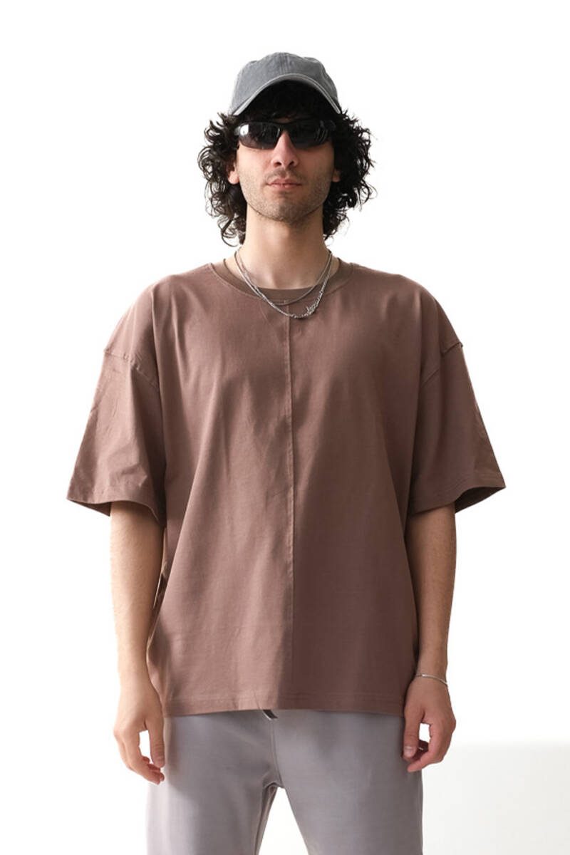 Dikiş Detaylı Kahverengi Basic Oversize Tişört - 1