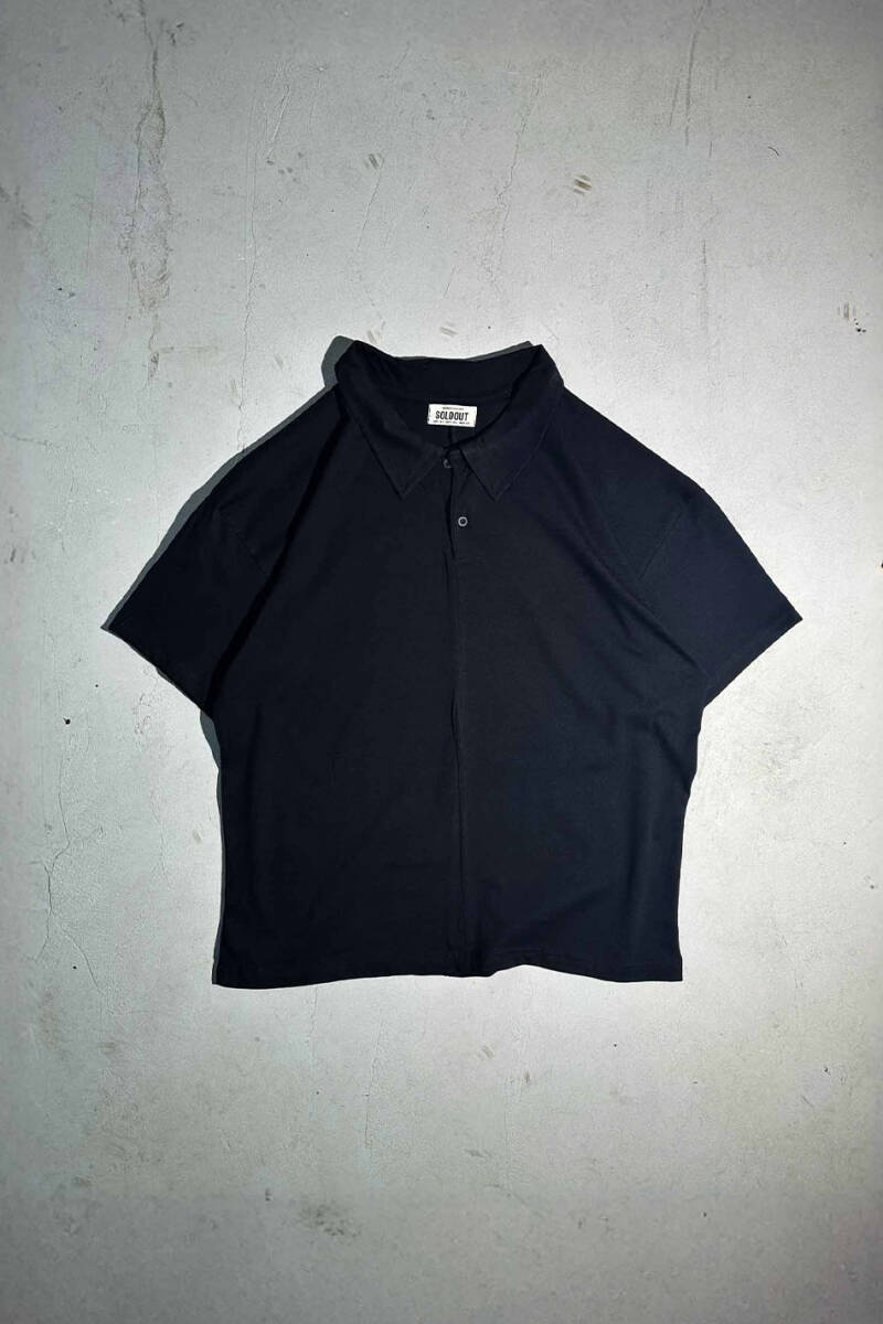 Dikiş Detaylı Polo Yaka Siyah Oversize Tişört - 1