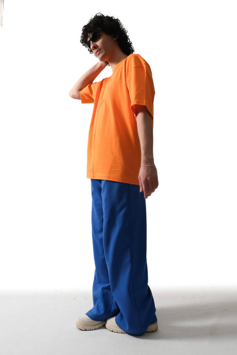 Dikiş Detaylı Turuncu Basic Oversize Tişört - 4
