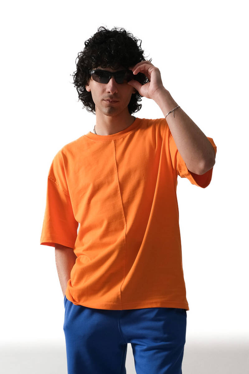 Dikiş Detaylı Turuncu Basic Oversize Tişört 