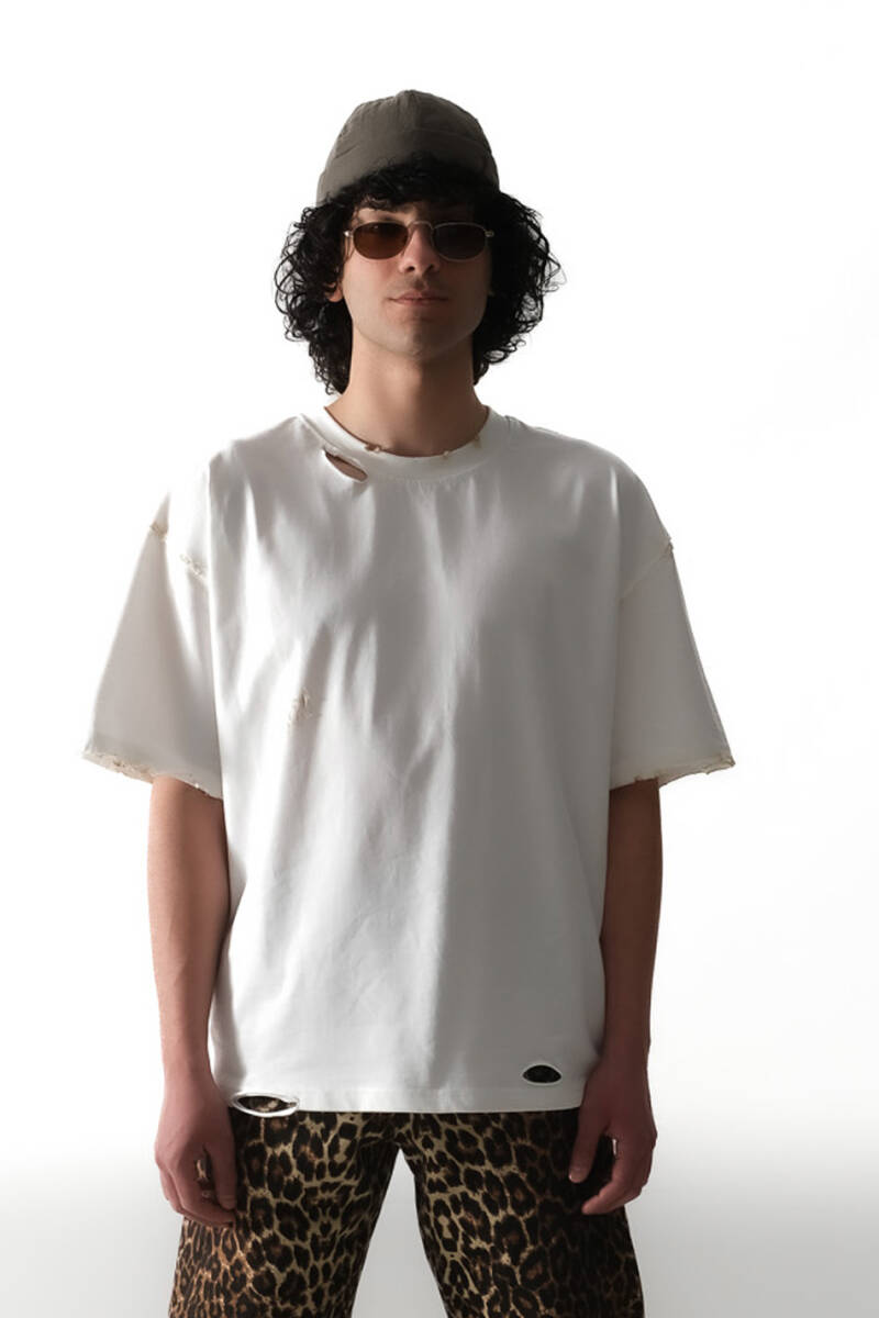 Distressed Beyaz Oversize Tişört - 1