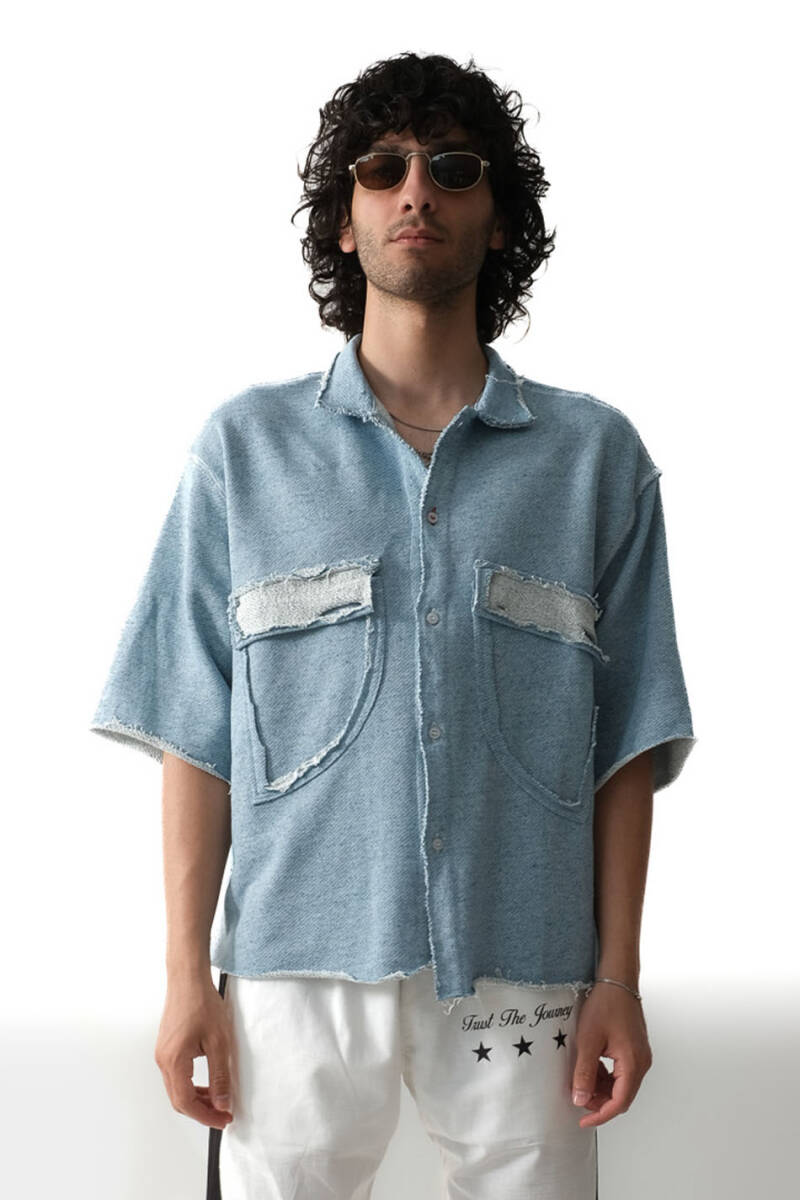 Distressed Boxy Fit Denim Desenli Gömlek - 1