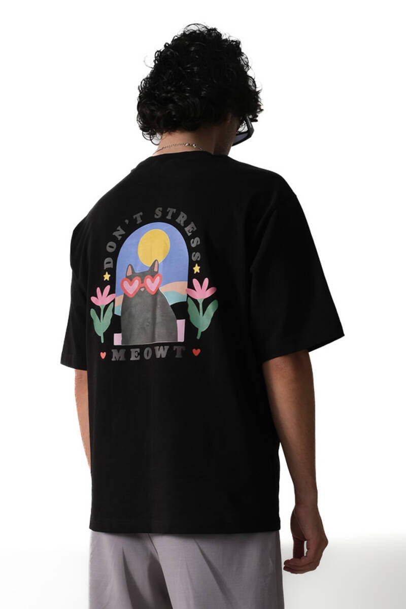 Don't Stress Meowt Baskılı Siyah Oversize Tişört 