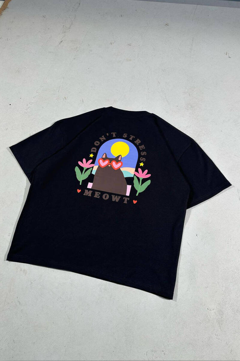 Don't Stress Meowt Baskılı Siyah Oversize Tişört - 5
