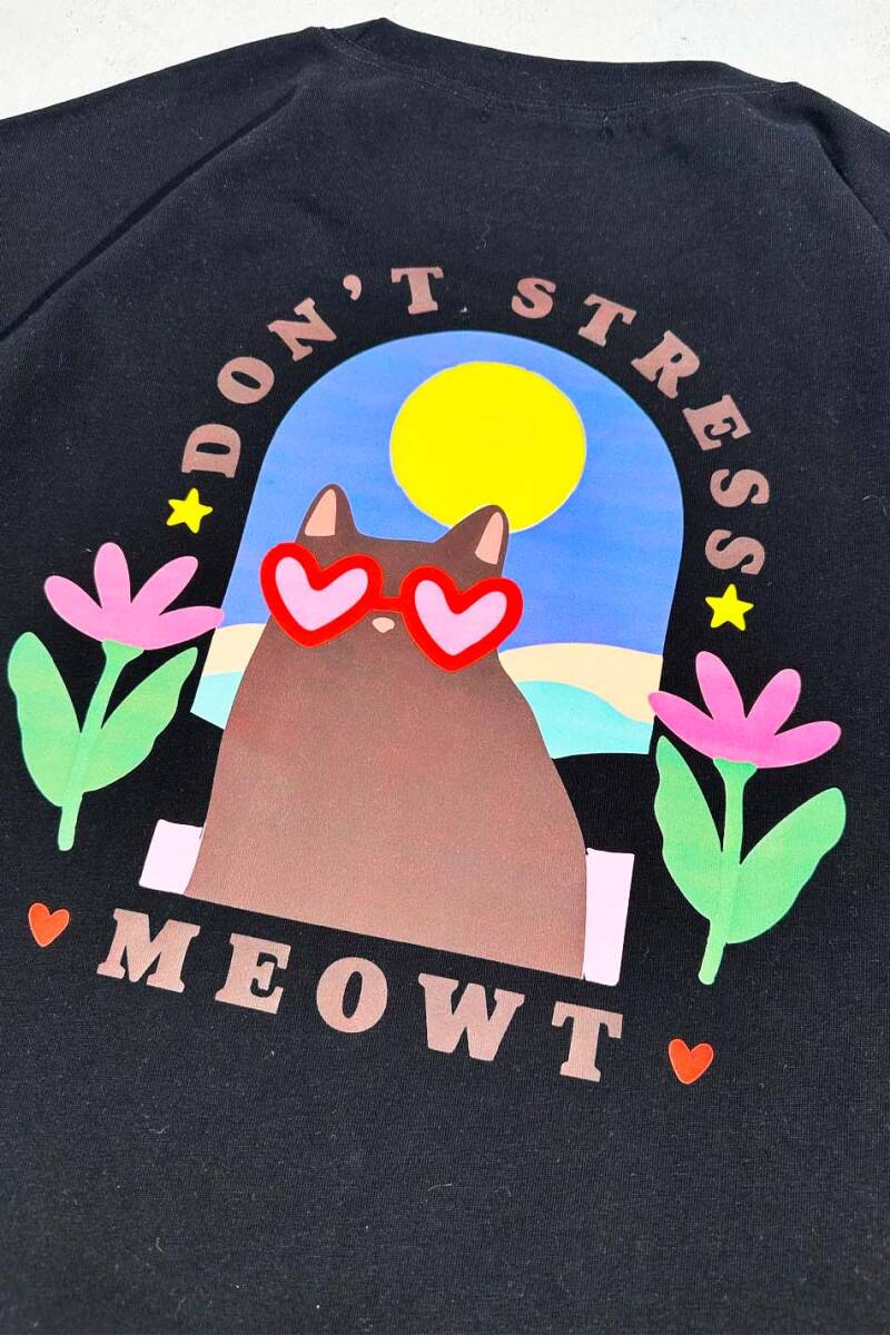 Don't Stress Meowt Baskılı Siyah Oversize Tişört - 3