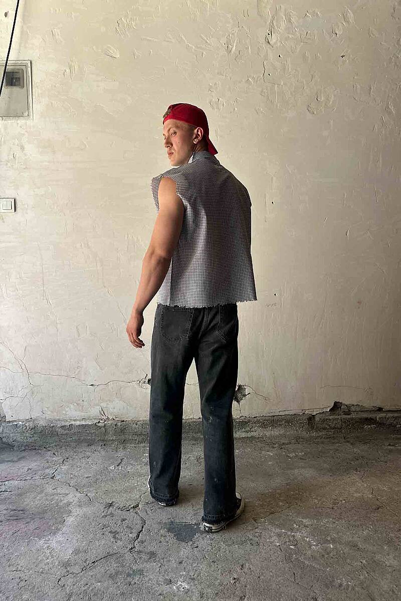 B.Bistami Ekoseli Distressed Kolsuz Boxy Fit Gömlek - 6