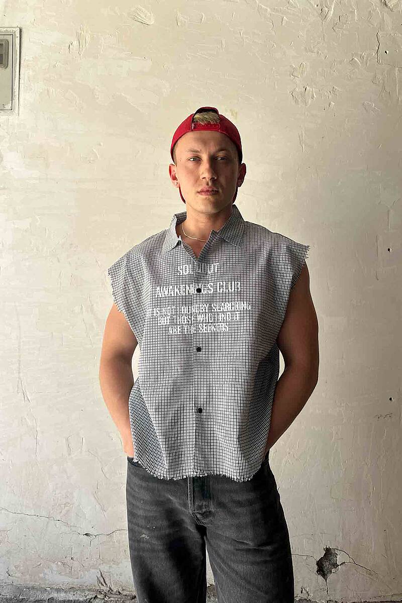 B.Bistami Ekoseli Distressed Kolsuz Boxy Fit Gömlek - 7
