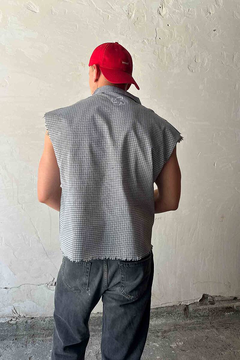 B.Bistami Ekoseli Distressed Kolsuz Boxy Fit Gömlek - 8