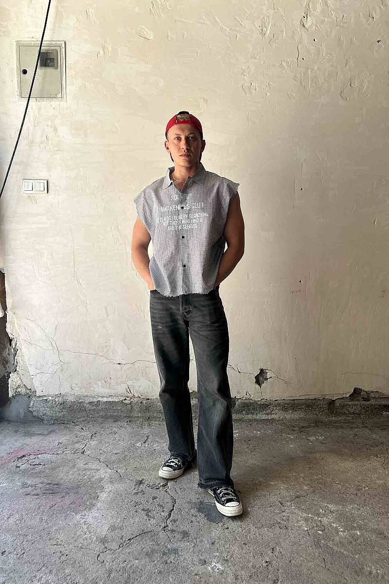 B.Bistami Ekoseli Distressed Kolsuz Boxy Fit Gömlek - 9