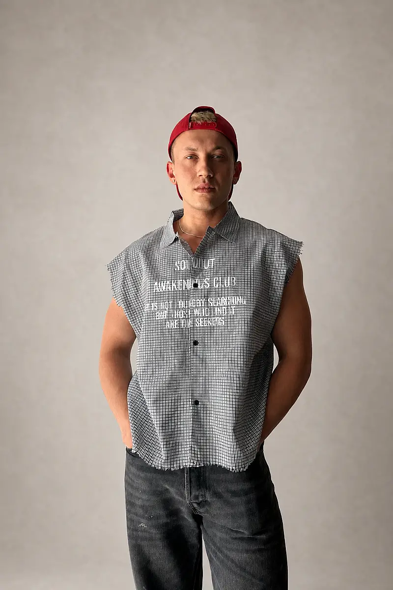 B.Bistami Ekoseli Distressed Kolsuz Boxy Fit Siyah Gömlek - SOLDOUT (1)