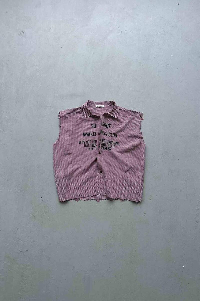 B.Bistami Ekoseli Distressed Kolsuz Boxy Fit Gömlek - SOLDOUT