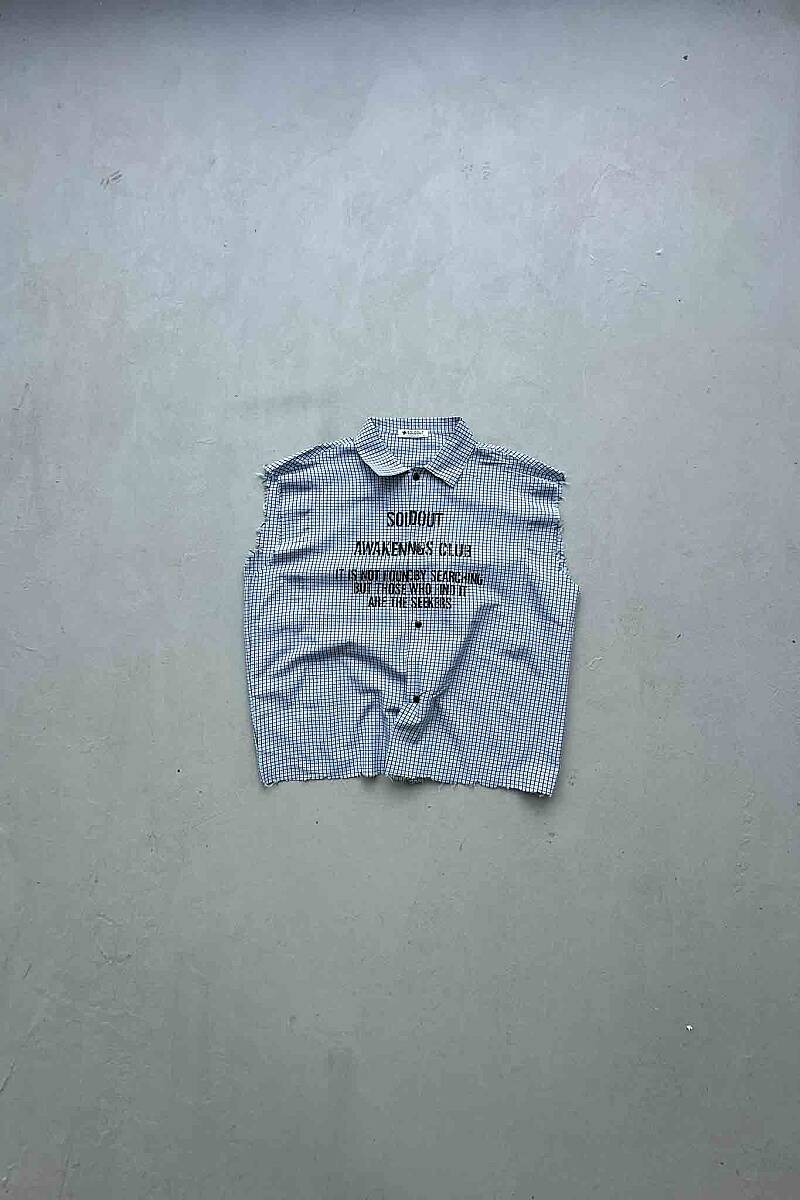 B.Bistami Ekoseli Distressed Kolsuz Boxy Fit Gömlek - SOLDOUT