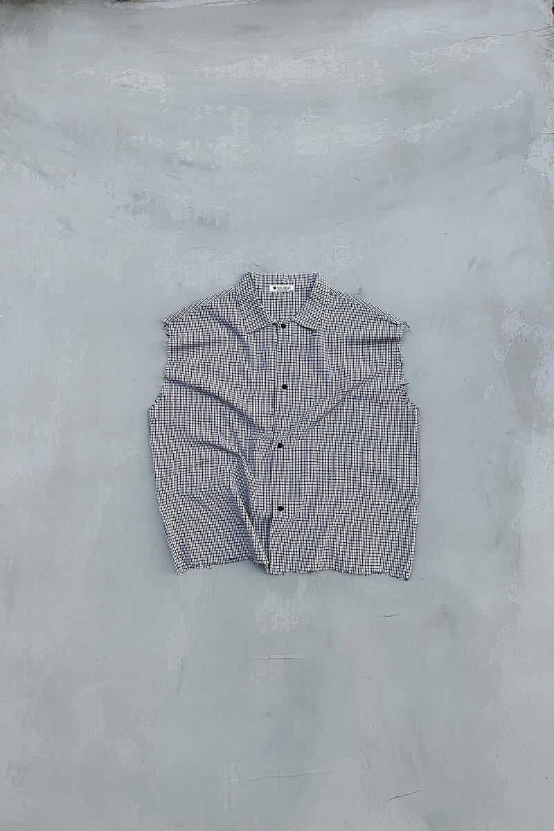 Ekoseli Distressed Kolsuz Boxy Fit Gömlek - SOLDOUT