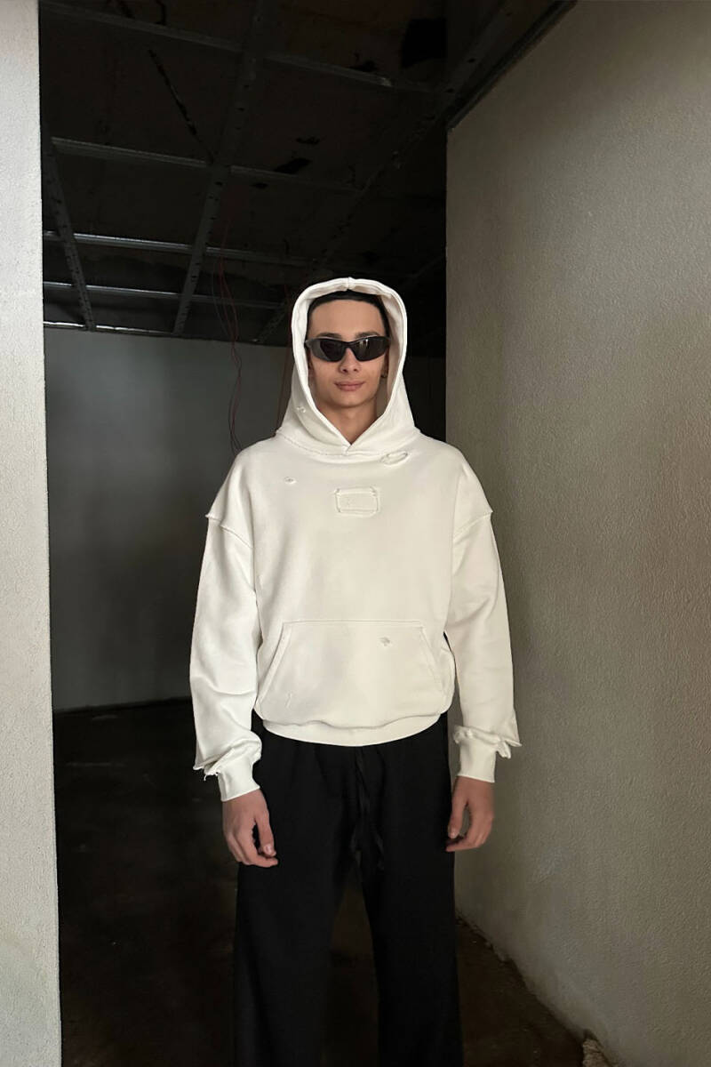 Ekru Handmade Distressed Oversize Boxy Fit Hoodie - 1