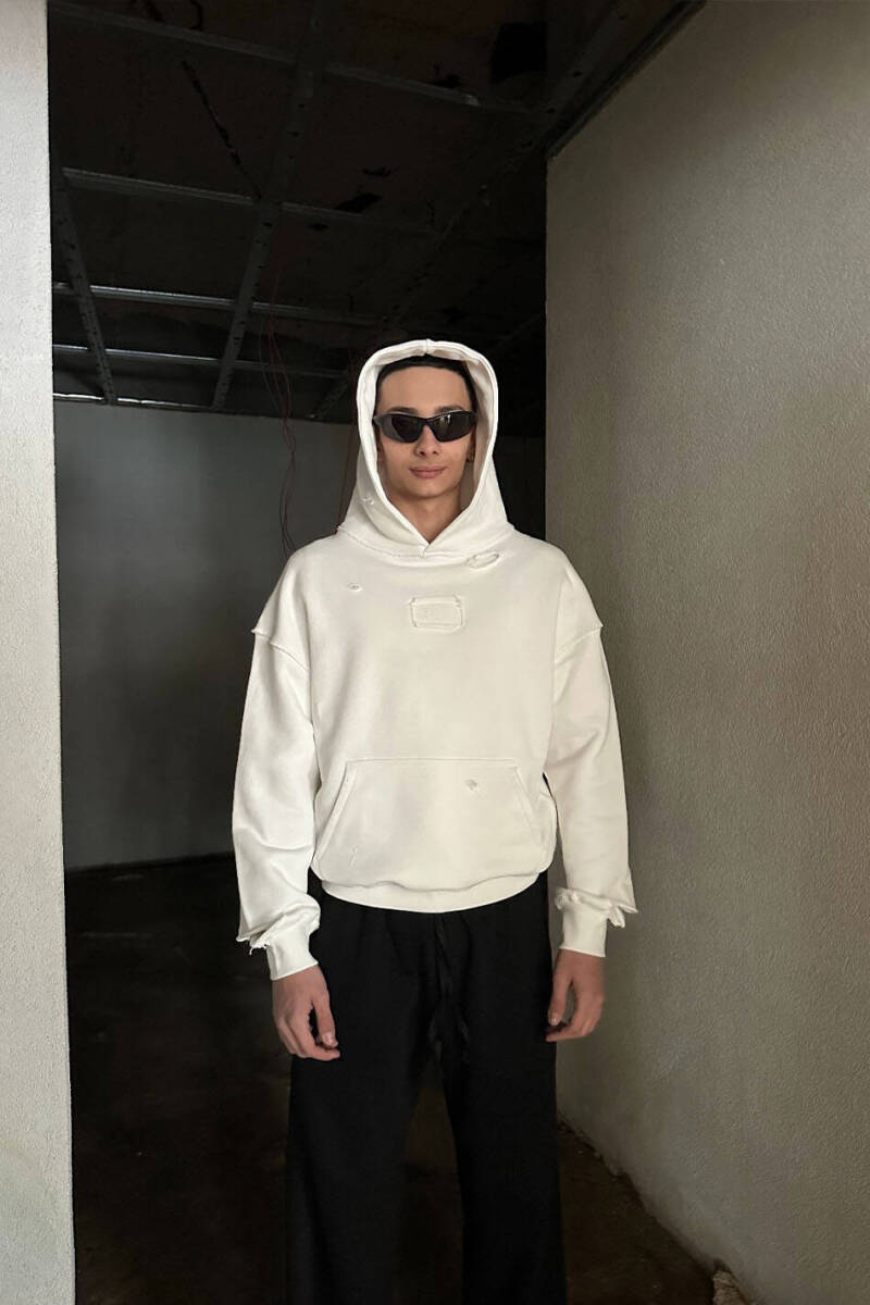 Ekru Handmade Distressed Oversize Boxy Fit Hoodie - SOLDOUT