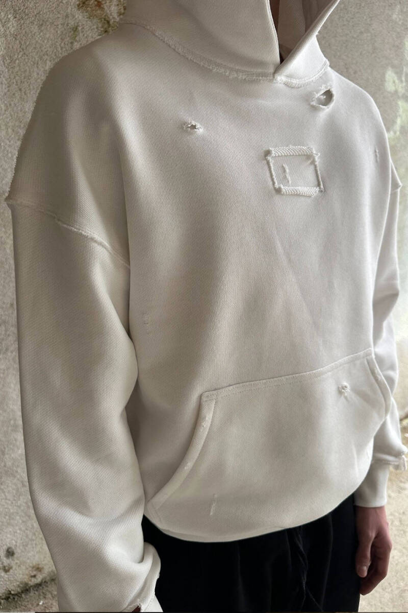 Ekru Handmade Distressed Oversize Boxy Fit Hoodie - 4