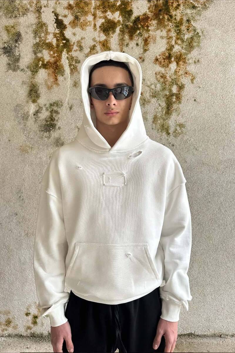 Ekru Handmade Distressed Oversize Boxy Fit Hoodie - 3