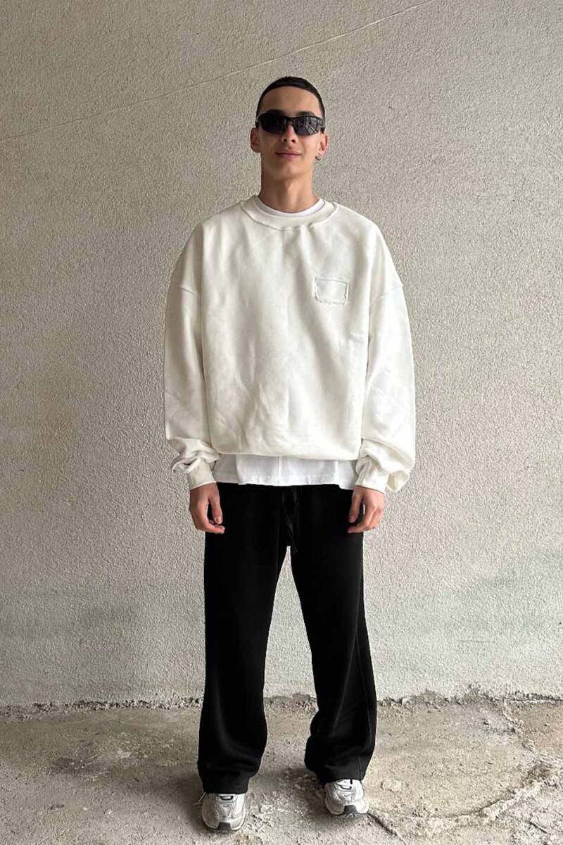 Ekru Handmade Distressed Oversize Boxy Fit Sweatshirt - 1