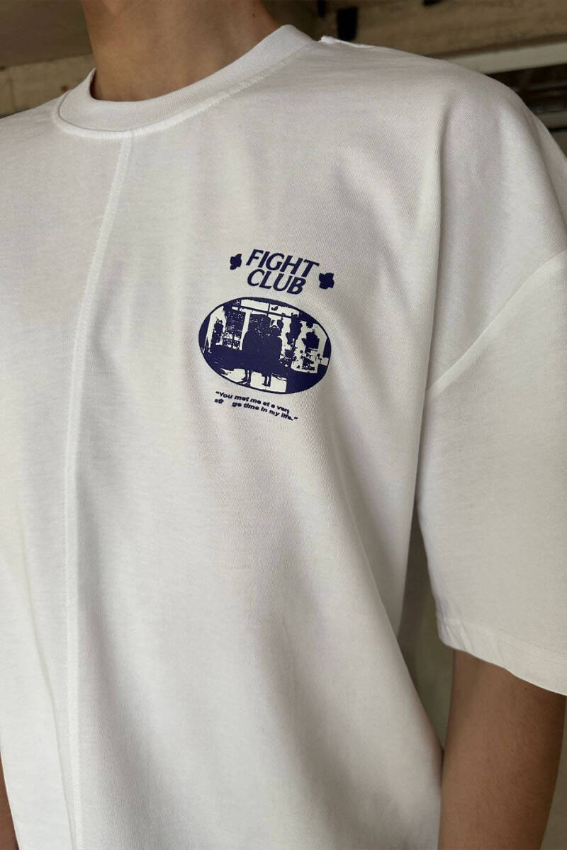 Fight Club Baskılı Ters Dikiş Detaylı Beyaz Heavyweight Oversize Tişört - 2