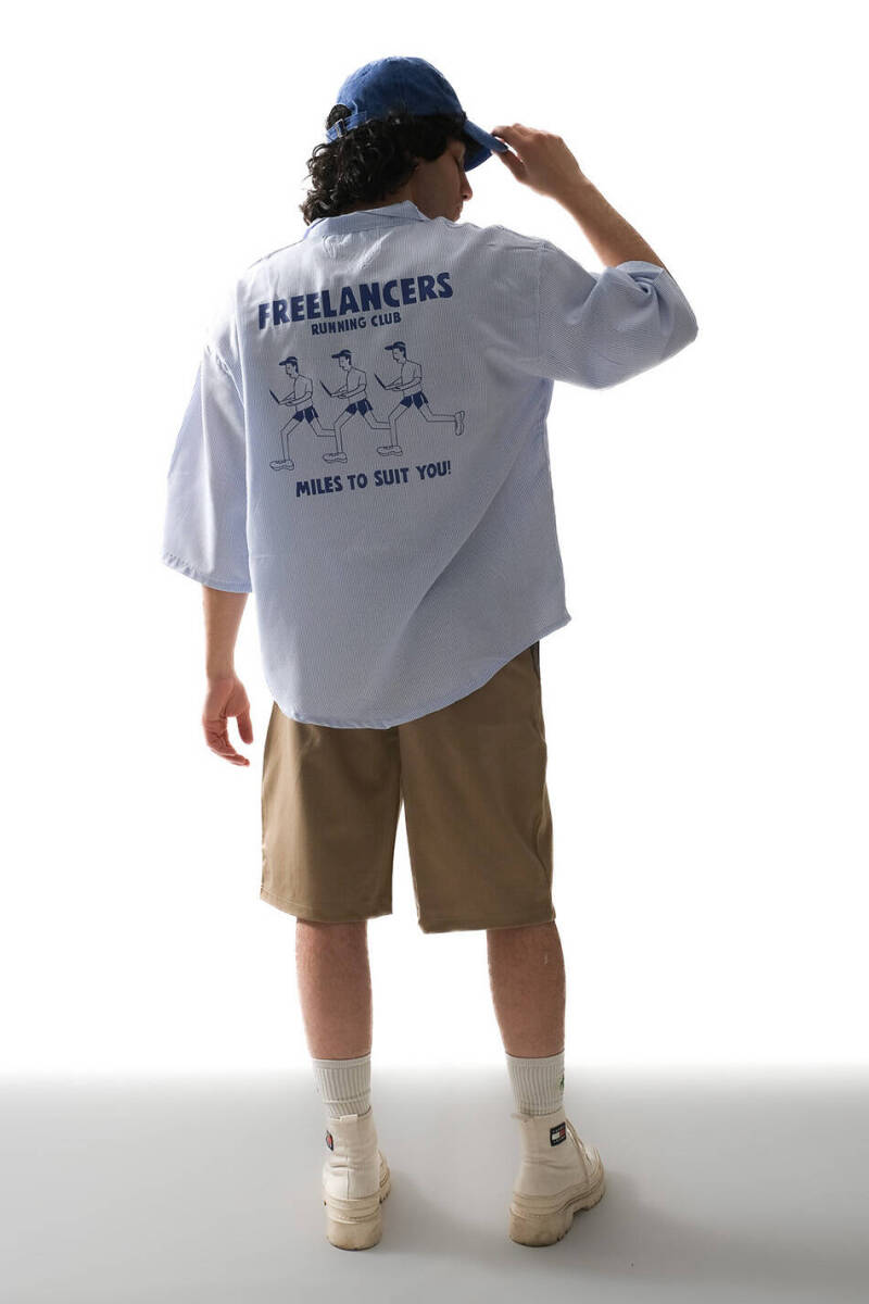 Freelancers İnce Mavi Çizgili Yarım Kol Oversize Gömlek - 4