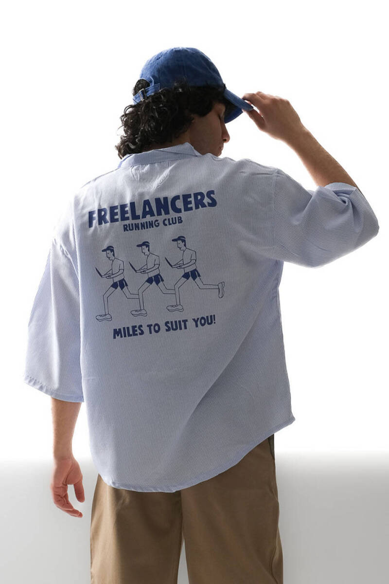 Freelancers İnce Mavi Çizgili Yarım Kol Oversize Gömlek - 1