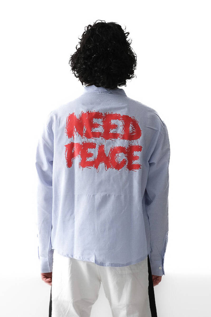Need Peace İnce Mavi Çizgili Oversize Gömlek - 1