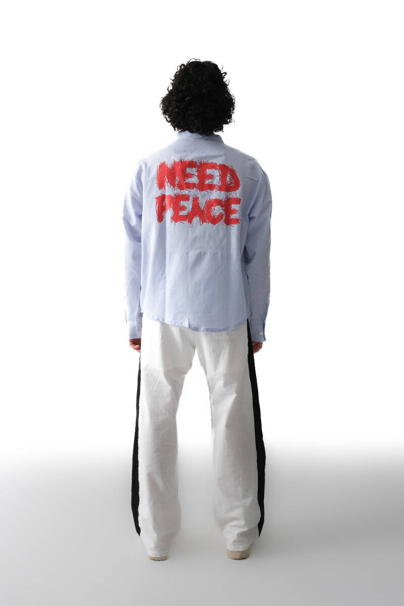 Need Peace İnce Mavi Çizgili Oversize Gömlek - 2
