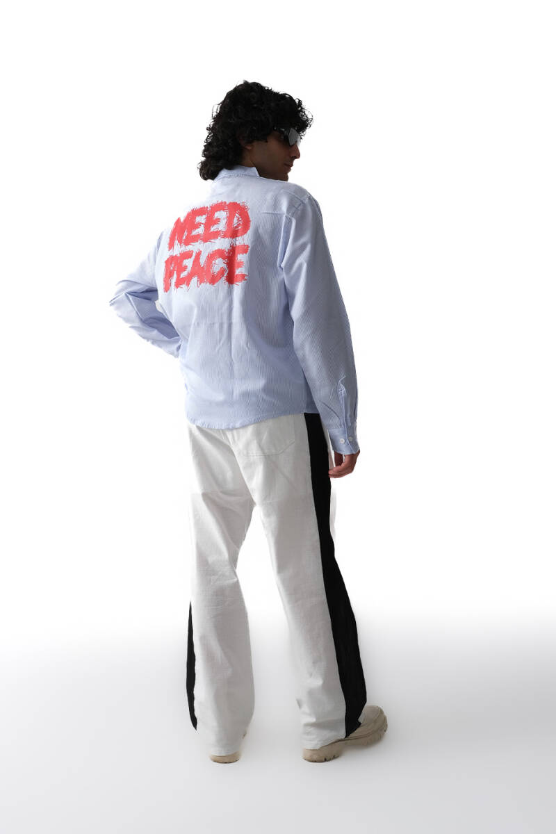 Need Peace İnce Mavi Çizgili Oversize Gömlek - 3