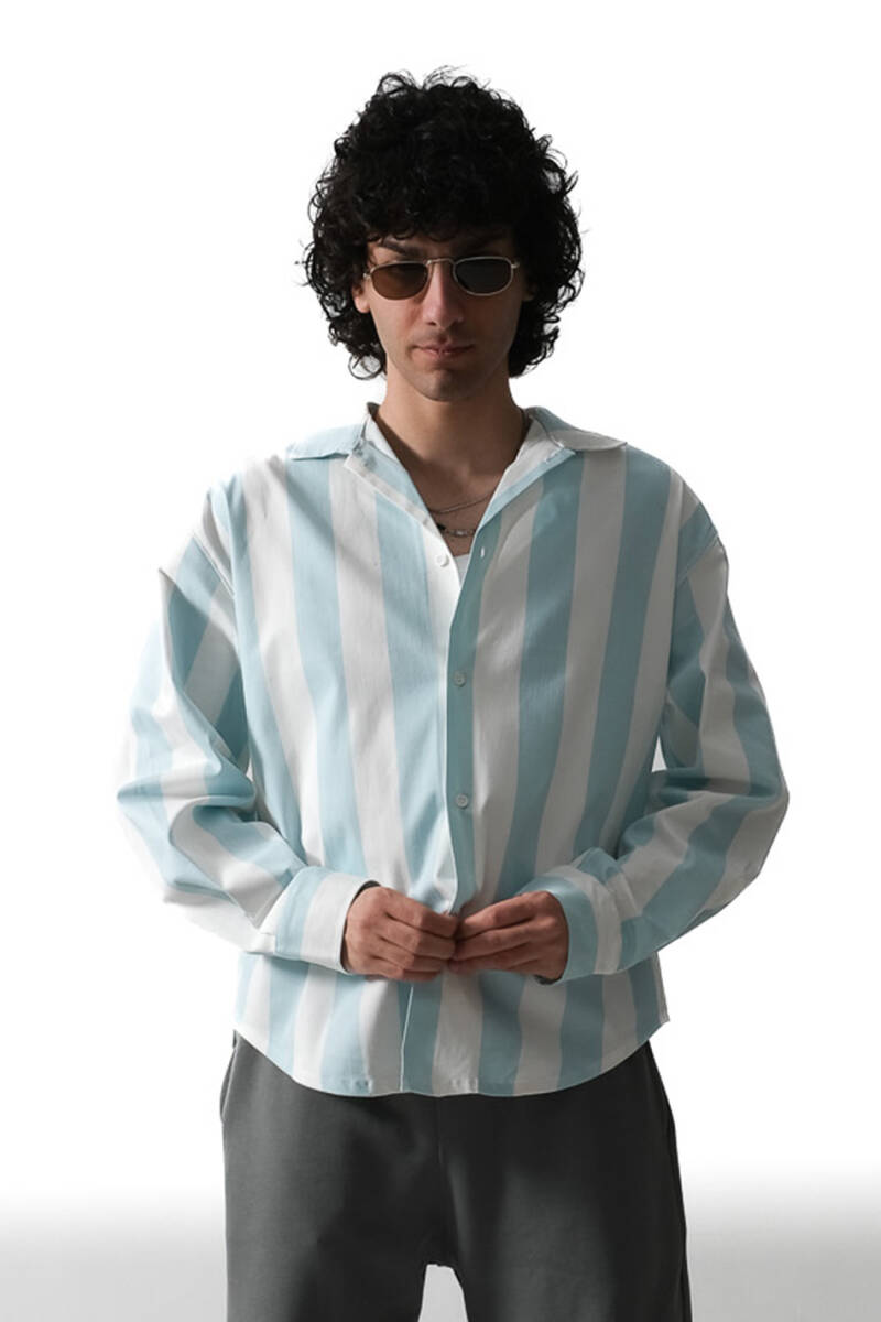 Fresh Blue Çizgili Essential Oversize Gömlek 