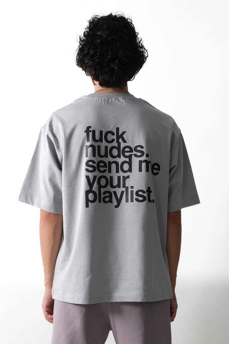Fuck Nudes Gri Oversize Tişört - 1
