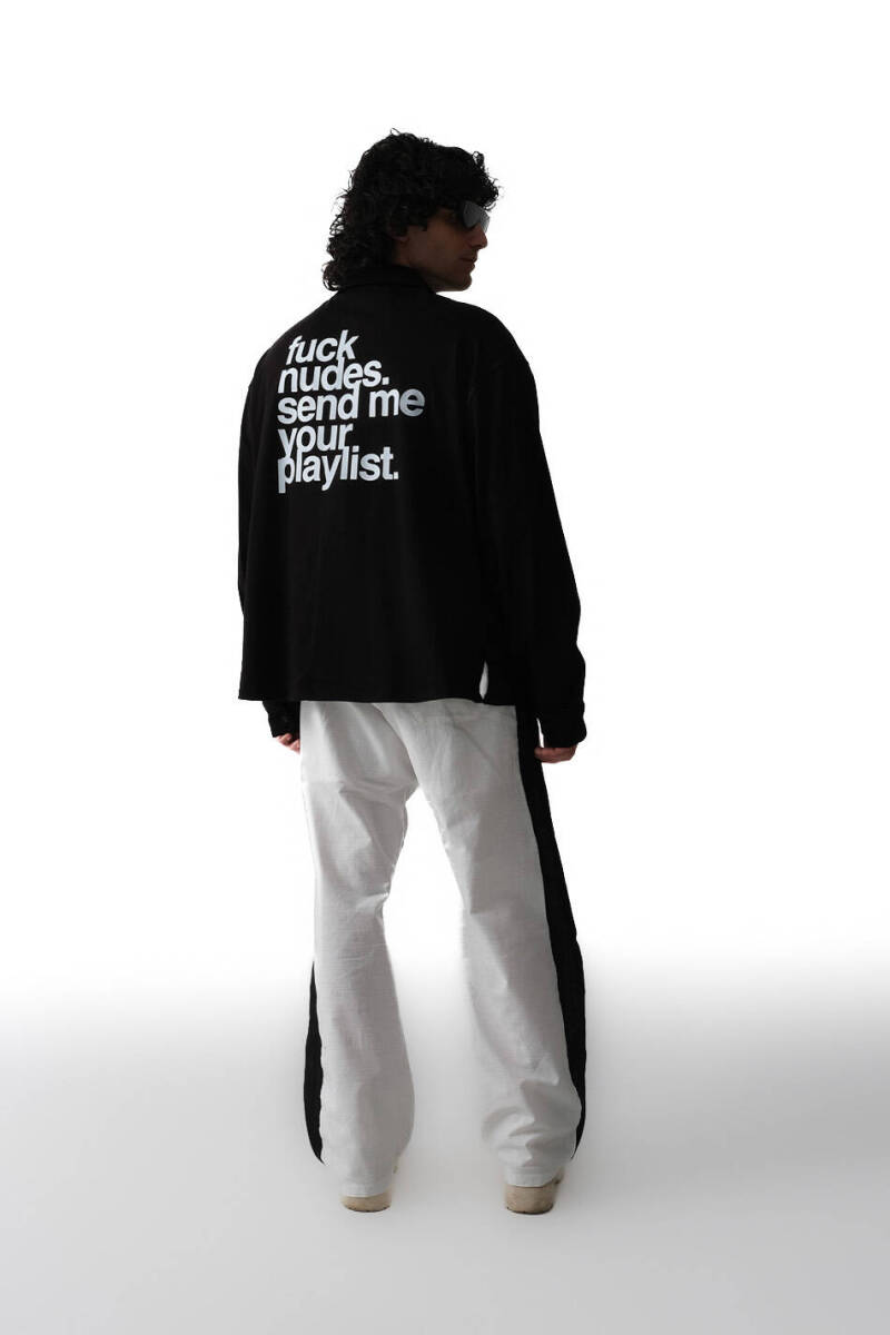 Fuck Nudes Baskılı Siyah Oversize Kumaş Gömlek - 5