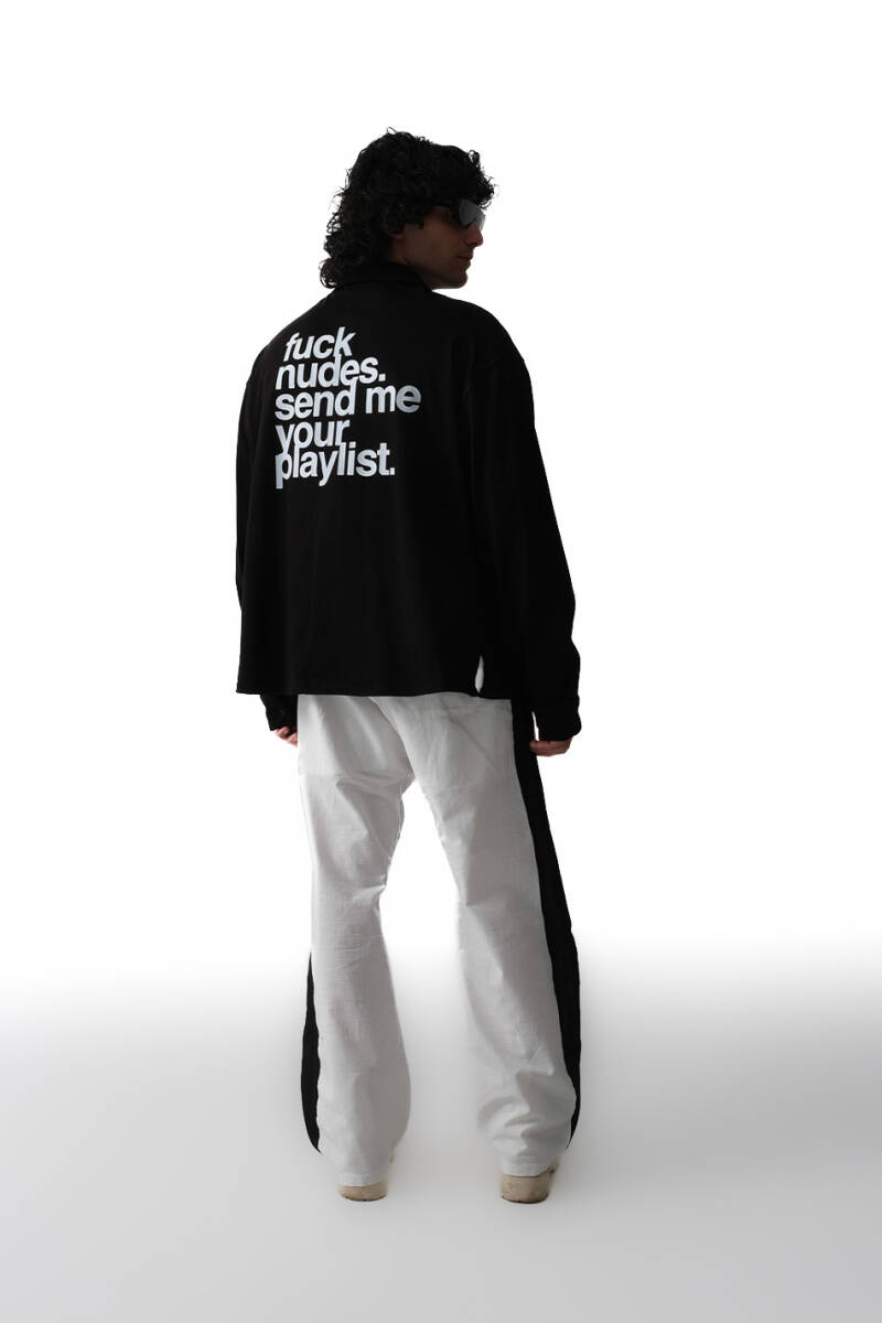Fuck Nudes Baskılı Siyah Oversize Kumaş Gömlek - 5